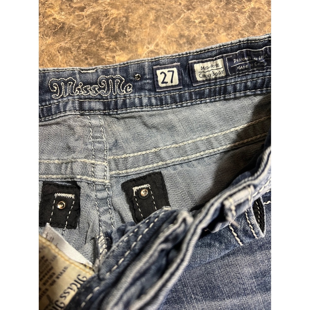Miss Me Mid Rise Curvy Bootcut Jeans Blue Medium Embroidered Size 27 Y2K Western - Picture 7 of 10